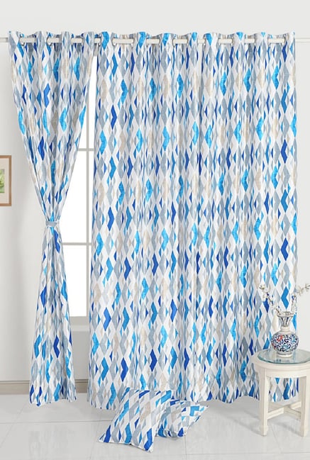 Buy Grand Opal White Blue Geometric Window Curtains Set Of 2 5 Ft Online At Best Prices Tata Cliq