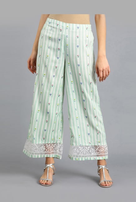 W Green Floral Print Parallel Pants