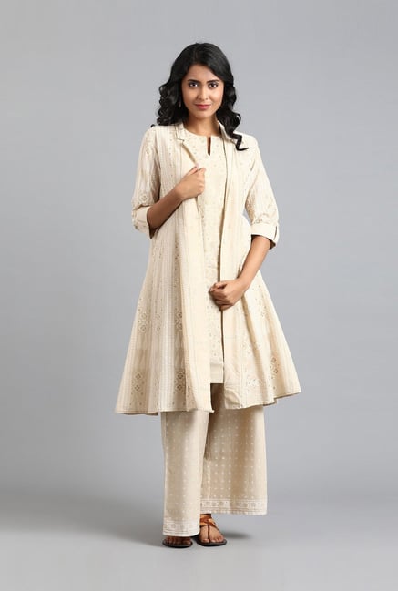 W Beige Cotton Woven Pattern Kurti Palazzo Set With Jacket from W at ...