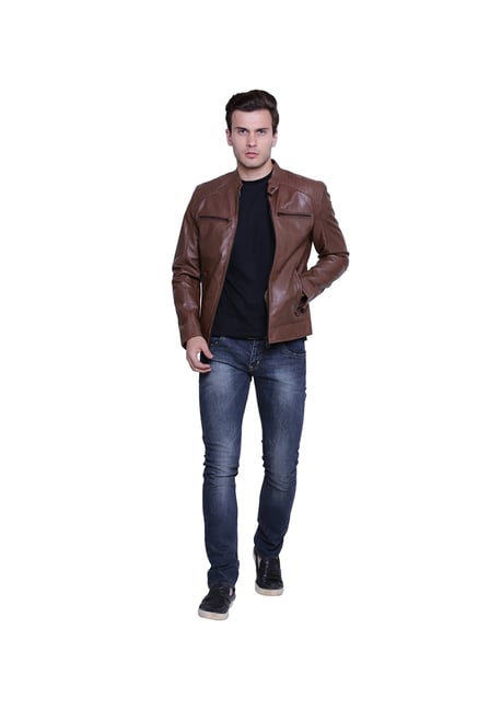 Buy Justanned Brown Leather Mock Collar Jacket for Men's Online