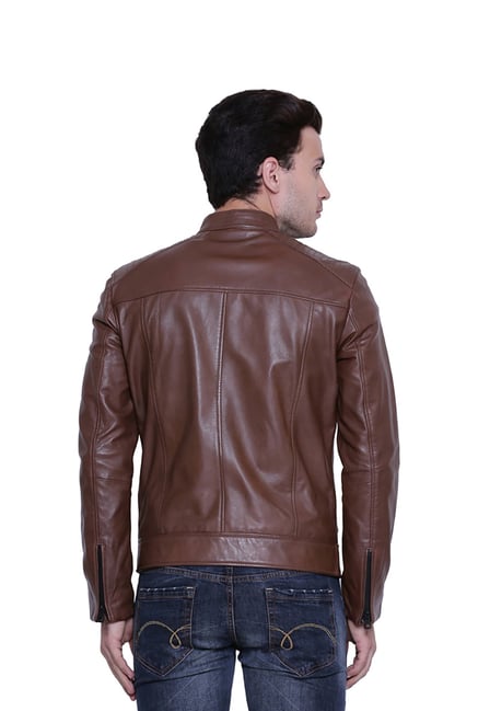 Buy Justanned Brown Leather Mock Collar Jacket for Men's Online