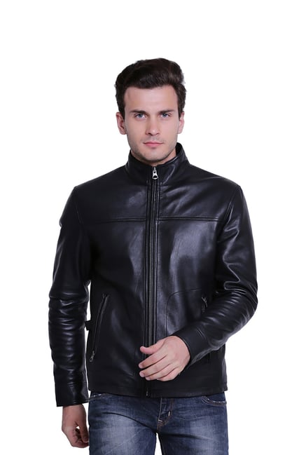 Buy Justanned Black Leather High Neck Jacket for Men's Online