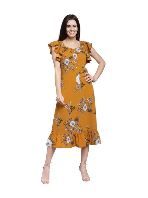 PlusS Mustard Printed Below Knee Dress