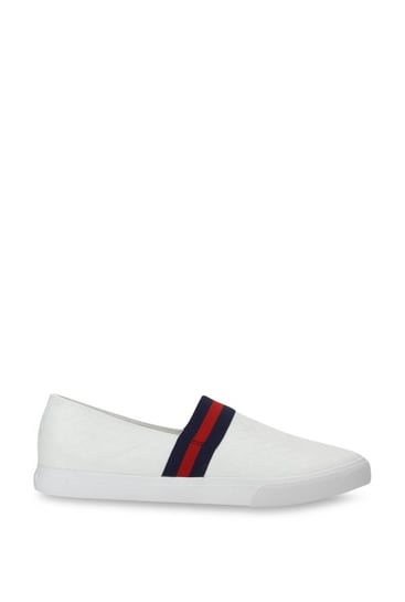 red and white slip ons