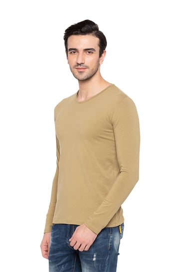 Khaki Full Sleeve Square Neck Long Sleeve T-Shirt
