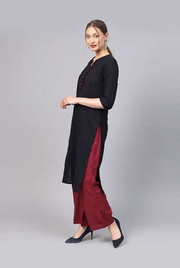 Yellow kurti and maroon sharara with foil mirror work  Kurti Fashion