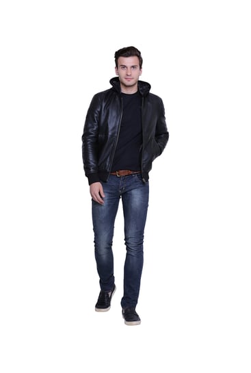 Buy Justanned Black Leather Hooded Jacket for Men's Online @ Tata CLiQ