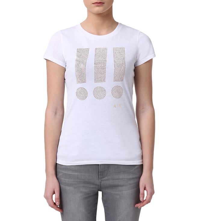 Buy Armani Exchange White Studded Exclamation Crew T-Shirt for Women Online  @ Tata CLiQ Luxury