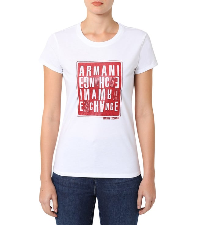 Buy Armani Exchange Optic White Slim Fit Logo Print Crew T-Shirt for Women  Online @ Tata CLiQ Luxury