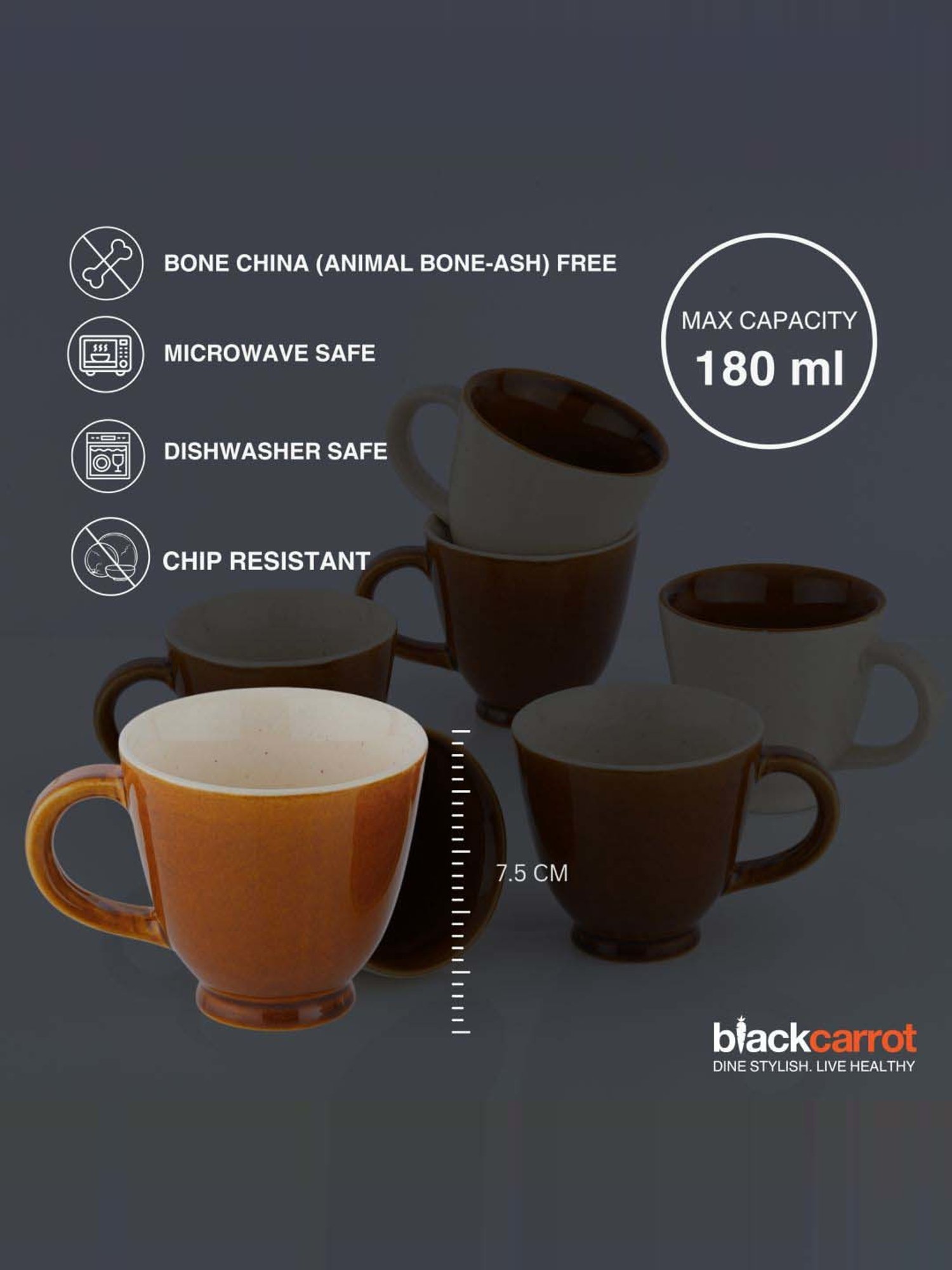 Buy BlackCarrot Brown & White Stoneware Tea Cup - Set of 6 (180 ml