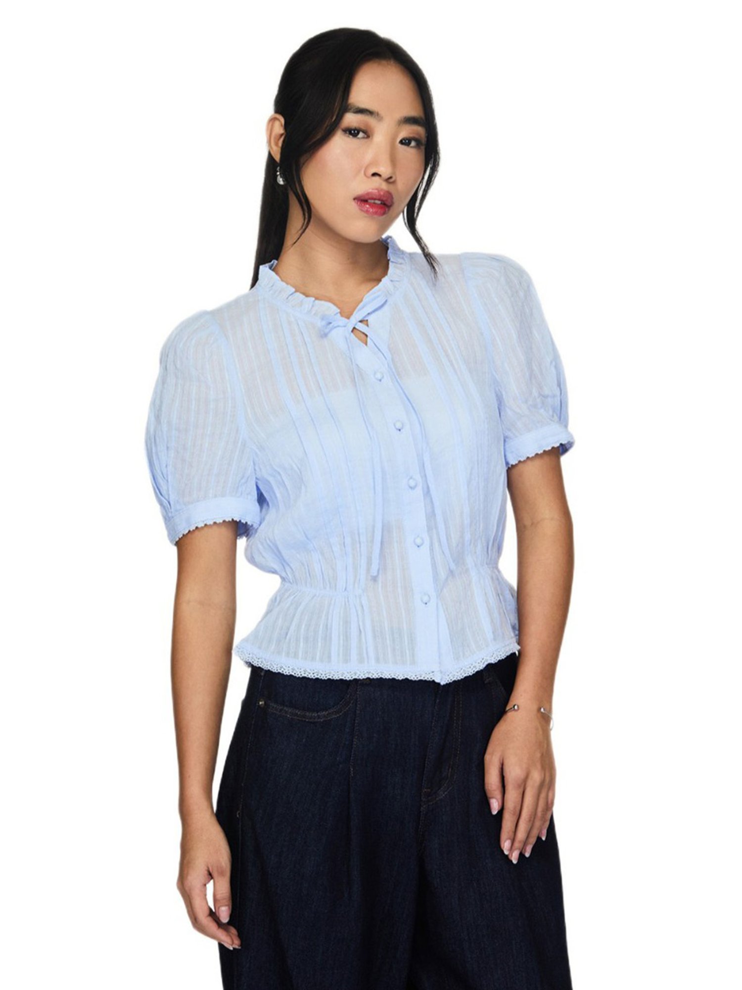 Roem Blue Frill Neck Regular Fit Blouse