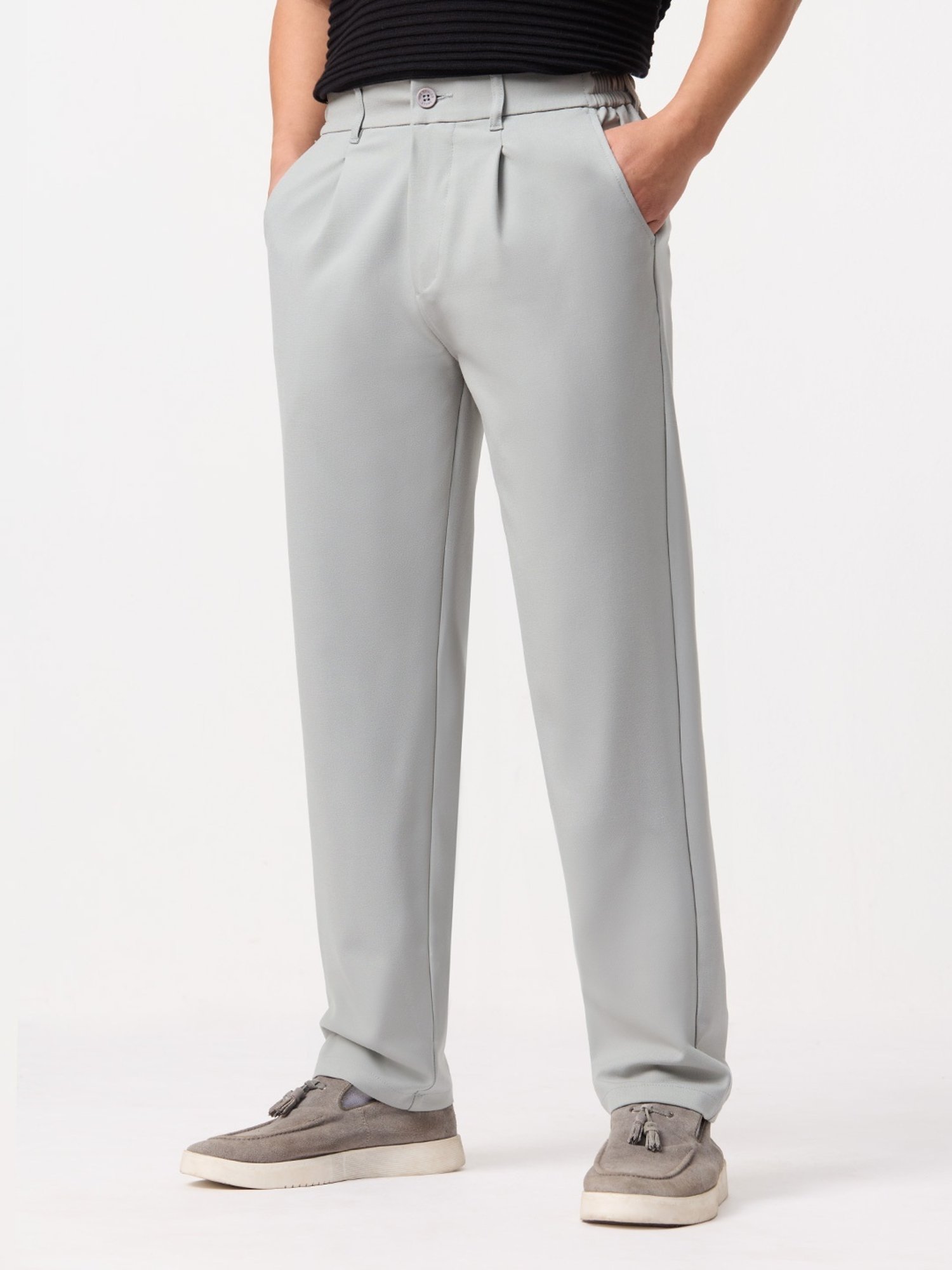 The Souled Store Straight Pleated Pants Stone Grey Men Super Flex