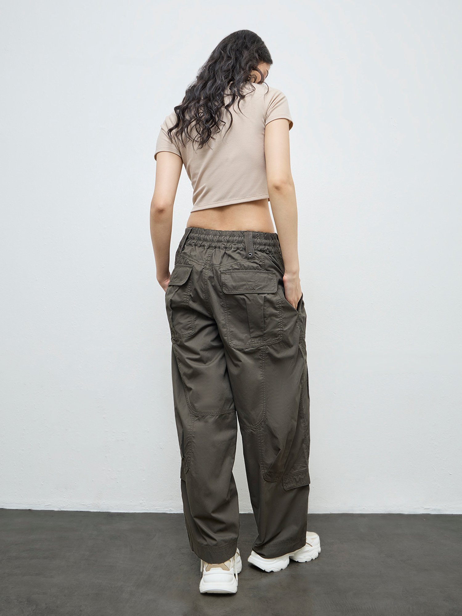 Nuon by Westside Olive Solid High-Rise Cotton Cargo Pants