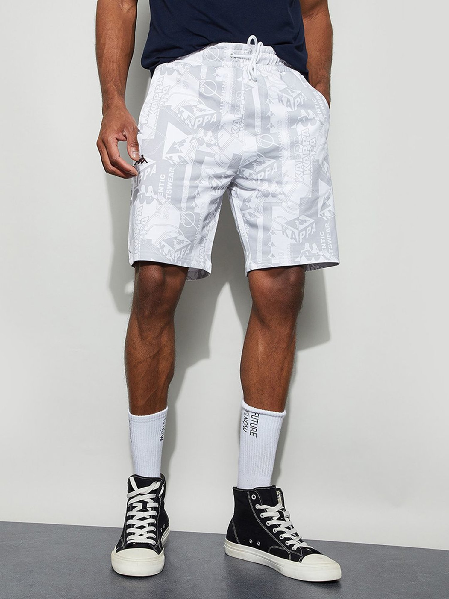 Kappa White Cotton Regular Fit Printed Shorts