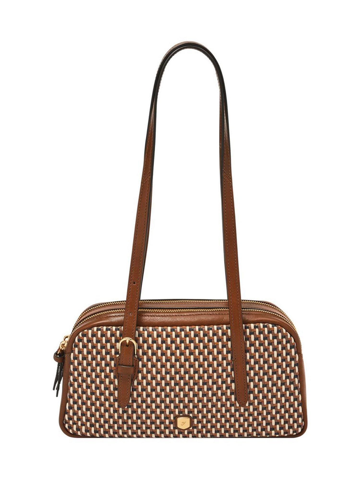 【1111】 Fossil Brown Danni Woven Design Medium Leather Shoulder Bag