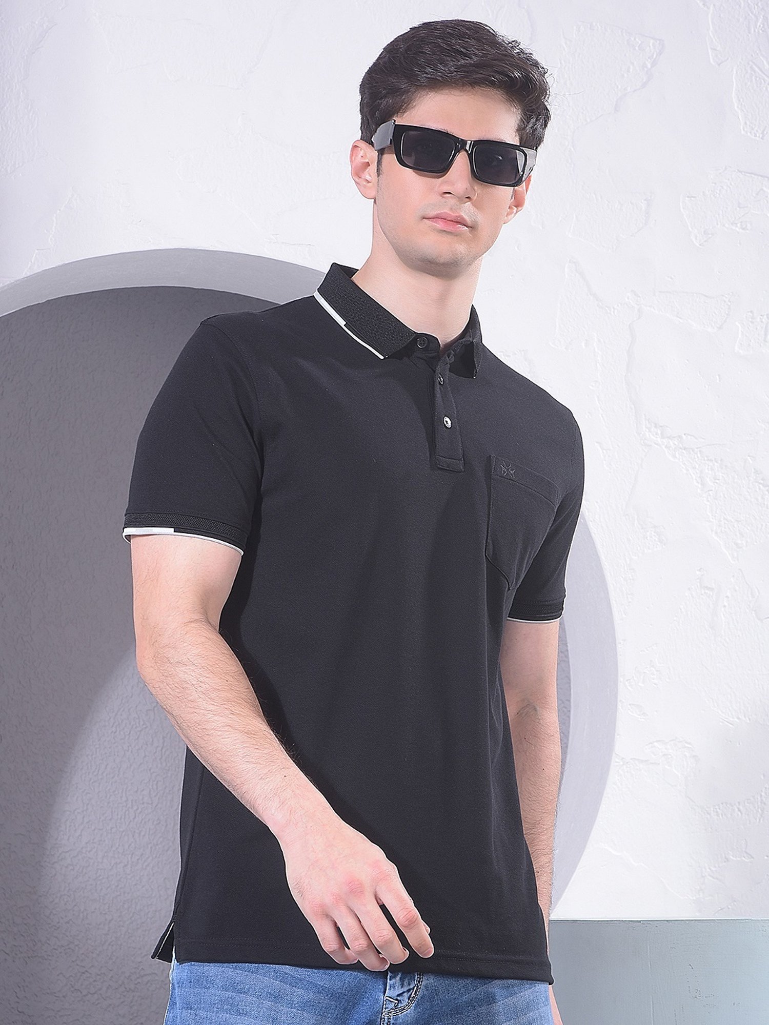 Crimsoune Club Black Slim Fit Solid Polo T-Shirt