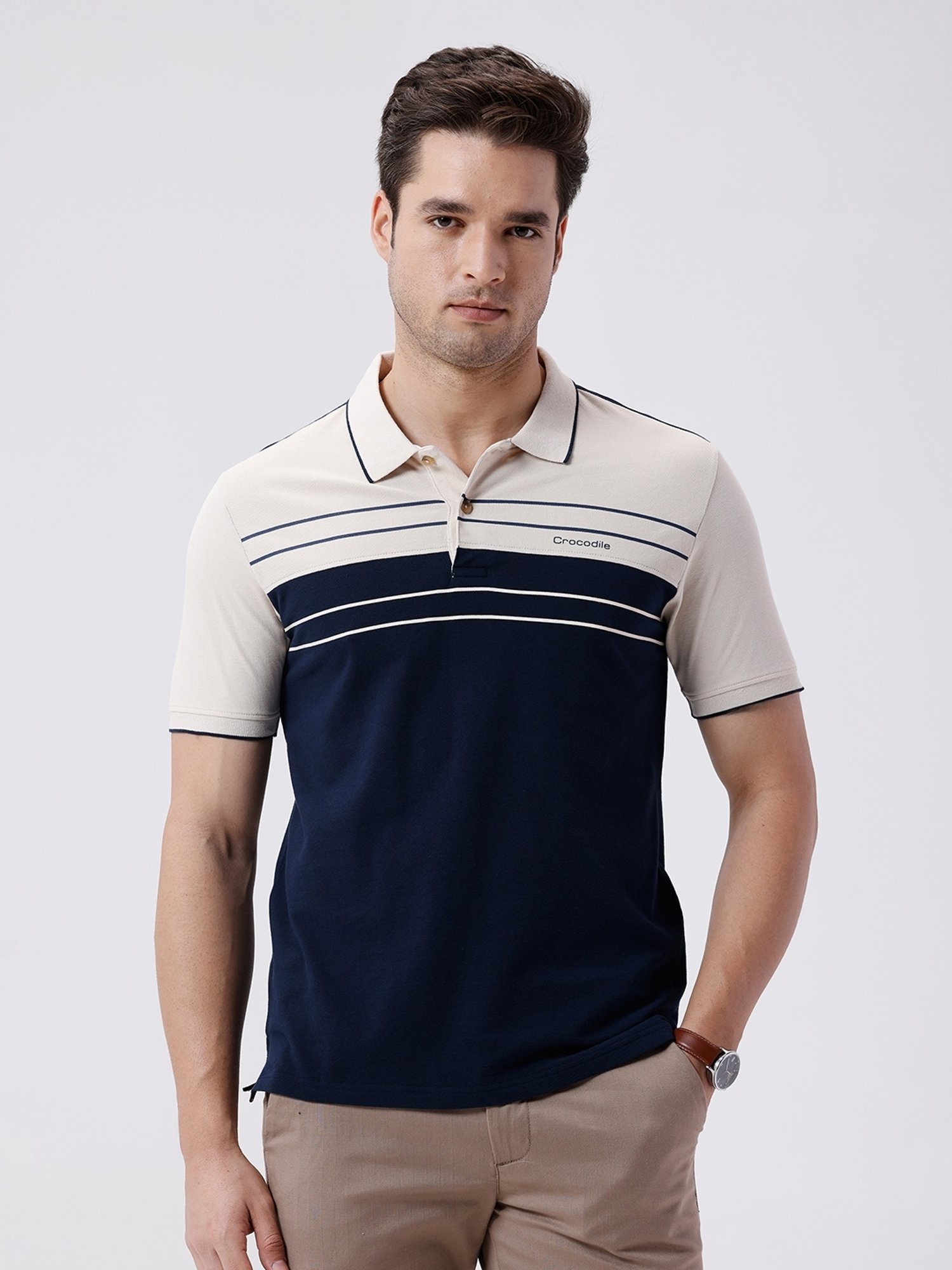 Crocodile Navy Blue Cotton Relaxed Fit Striped Polo T-Shirt