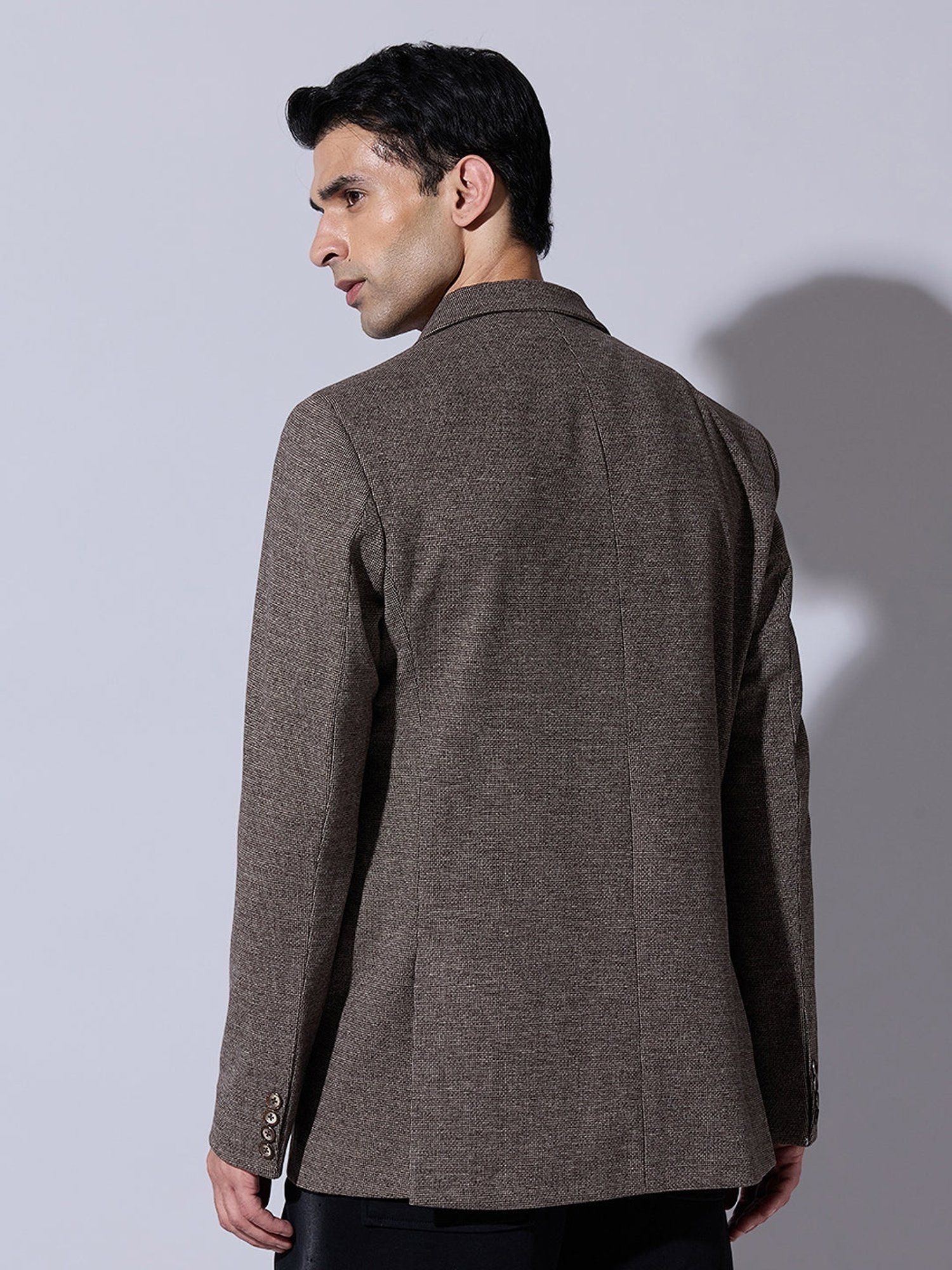 SHOWOFFFF Men's Textured Brown Tweed Single Breasted Blazer