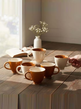 Buy BlackCarrot Brown & White Stoneware Tea Cup - Set of 6 (180 ml