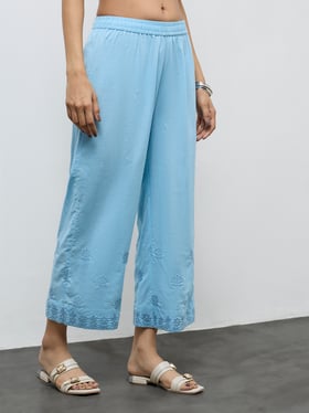 Utsa by Westside Blue Floral Embroidered Cotton Pants