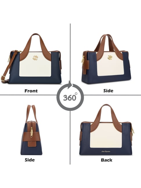 LAVIE Signature Navy Blue Olympia Colourblocked Medium Leather Satchel