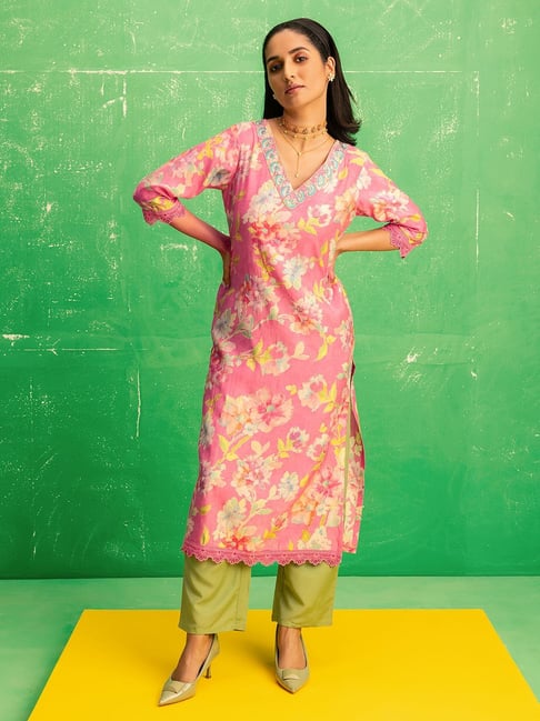 Libas Pink Silk Floral Print Kurta-picture-41