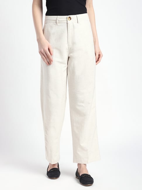 R&B Light Beige Cotton Regular Fit High Rise Trousers-picture-27