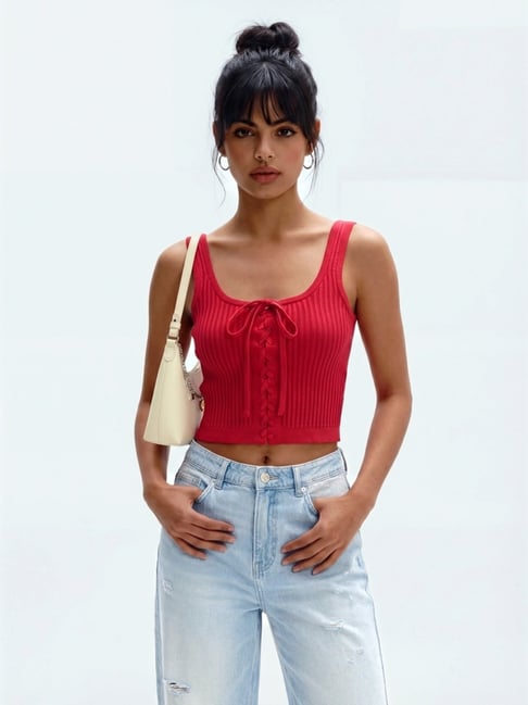 Noun by Westside Red Ribbed Lace-Up Crop Top