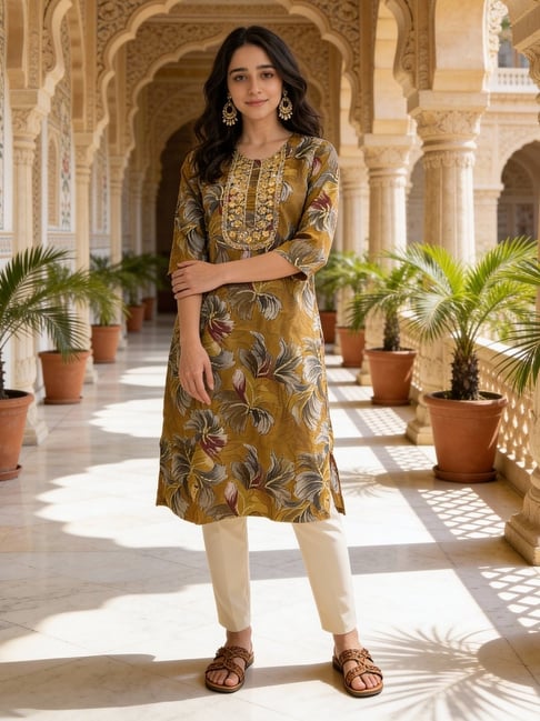 Rangita Mustard Floral Print Kurta