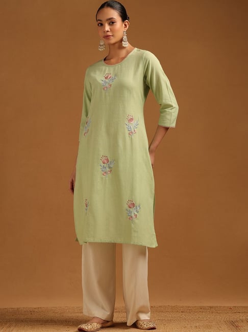 Soch Green Cotton Regular Fit Embroidered Kurta-picture-22
