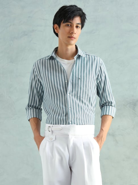Arrow Green Cotton Slim Fit Striped Shirt