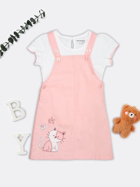 Pantaloons Baby Girls Rose Quartz Embroidery Dungaree Set