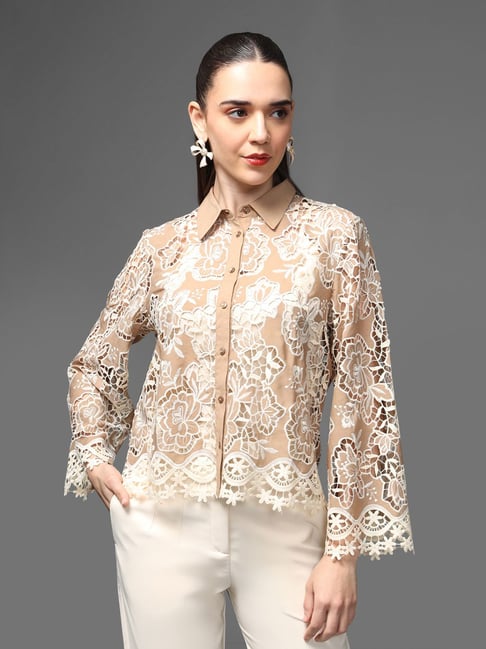 Kazo Beige Regular Fit Embroidered Shirt