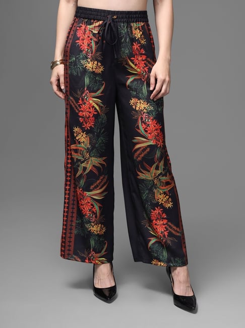 Kazo Black Relaxed Fit Floral Print Trousers