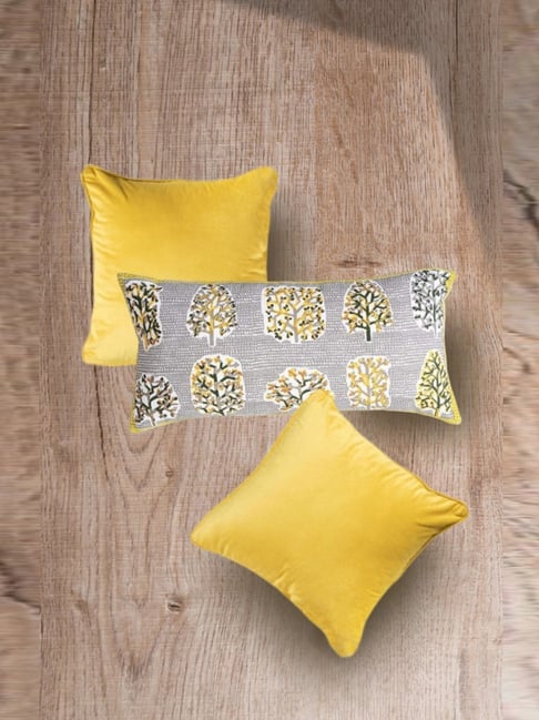 Freedom Tree Grey & Yellow Cotton Ensemble Palash Floral Cushion Covers - Set of 3-image-6