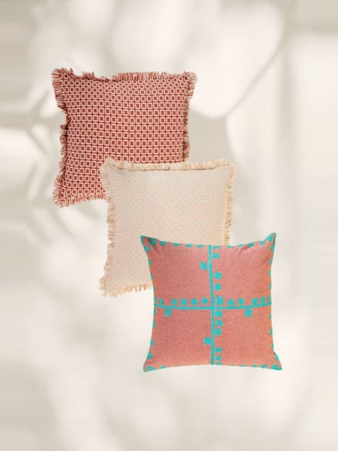 Freedom Tree Coral & Beige Cotton Ensemble Clover Woven Checks Cushion Covers - Set of 3-image-10