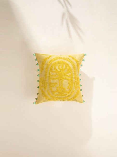 Freedom Tree Yellow Cotton Blend Freedom Tree Embroidered Abstract Cushion Cover