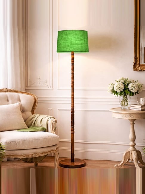 Homesake Green Wood Hand Turned Base Floor Lamp with Fabric Shade