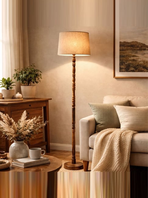 Homesake Beige Wood Hand Turned Base Floor Lamp with Fabric Shade