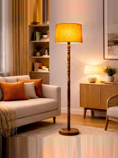 Homesake Yellow Wood Hand Turned Base Floor Lamp with Fabric Shade