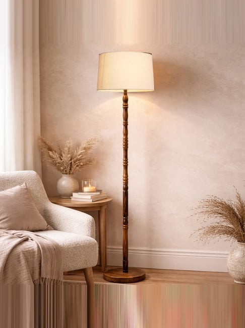 Homesake White Wood Hand Turned Base Floor Lamp with Fabric Shade