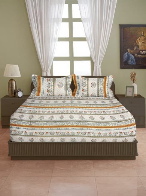 Swayam Blended Cotton 200 TC Bedsheet with Ethnic Floral Stripes -Multicolor