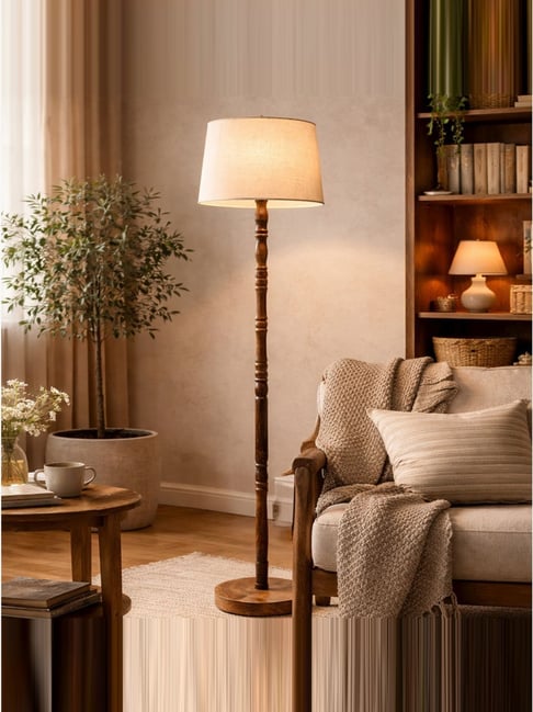 Homesake Beige Wood Hand Turned Base Floor Lamp with Fabric Shade