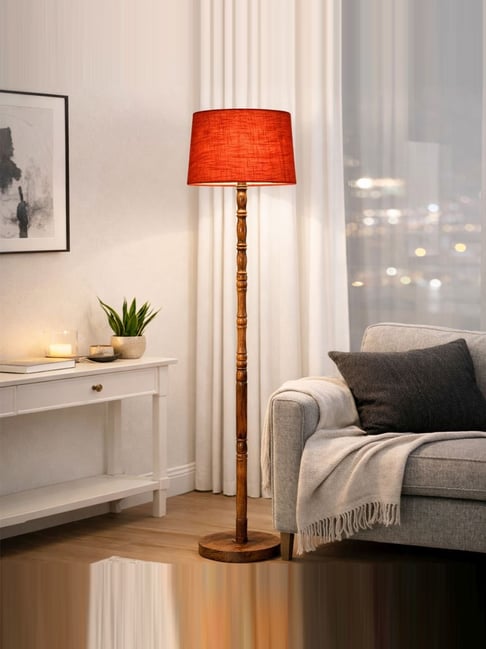 Homesake Red Wood Hand Turned Base Floor Lamp with Fabric Shade