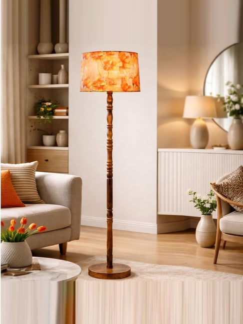 Homesake Multicolor Wood Hand Turned Base Floor Lamp with Fabric Shade