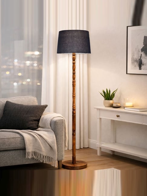 Homesake Grey Wood Hand Turned Base Floor Lamp with Fabric Shade