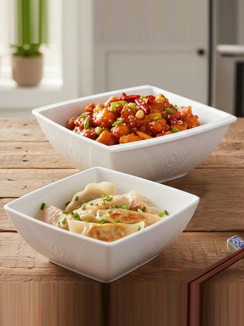 Homesake White Porcelain Textured Dessert & Snacks Square Bowls - Set of 2