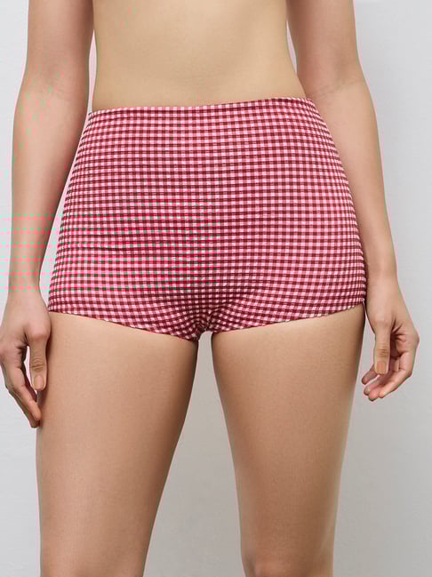 Wunderlove Swimwear by Westside Red Checkered Hi-Waist Boy Shorts Briefs