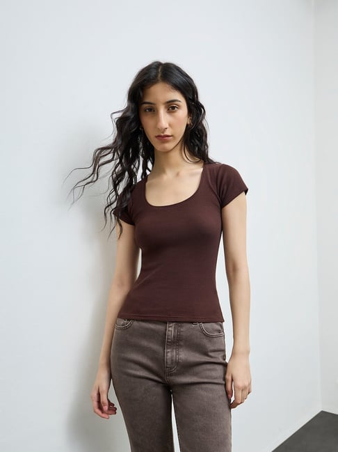 Nuon by Westside Dark Brown Ribbed Cotton-Blend T-Shirt