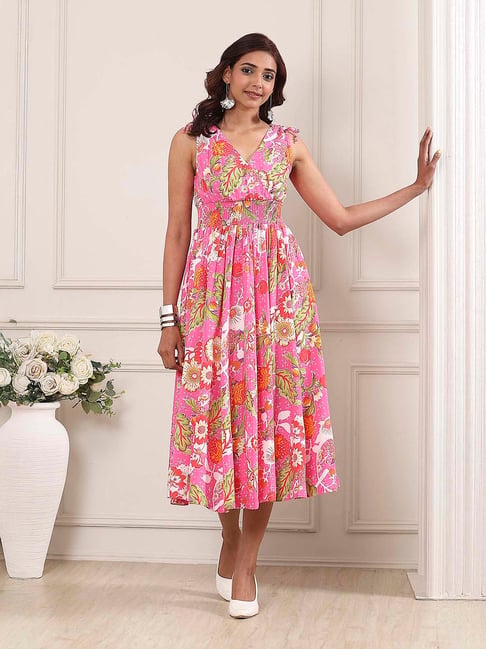 Biba Pink Floral Print Regular Fit Ethnic Dress